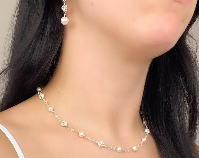 Wedding Jewelry Set Pearl Necklace Crystal Earrings Bridal Jewellery