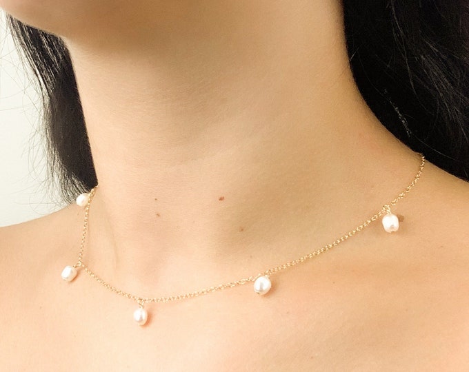 Charm Necklace Freshwater Pearl Station Necklace Gold Silver
