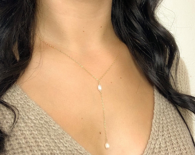 Lariat Y Necklace Freshwater Pearl Gold Silver