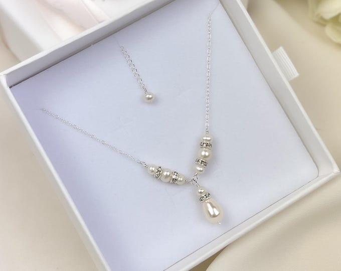 Wedding Day Long Drop Necklace Rhinestone V Shaped Pearl Beaded