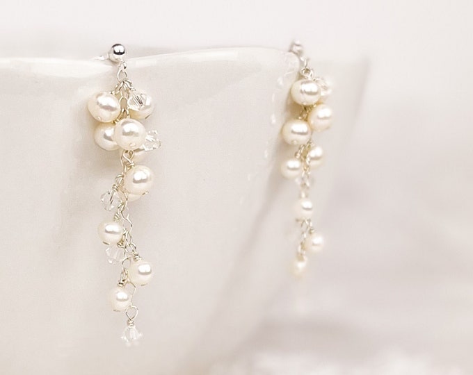 Bridal Earrings Freshwater Pearl Cascade Austrian Crystal Gold Silver
