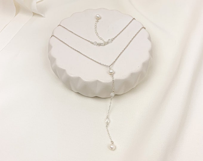 Lariat Y Necklace Austrian Crystal Freshwater Pearl Gold Silver