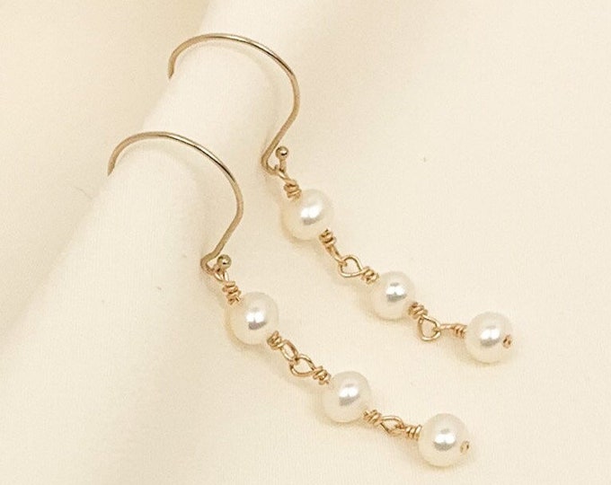 Maid of Honor Gift Dangle Earrings Three Freshwater Pearl Gold Silver