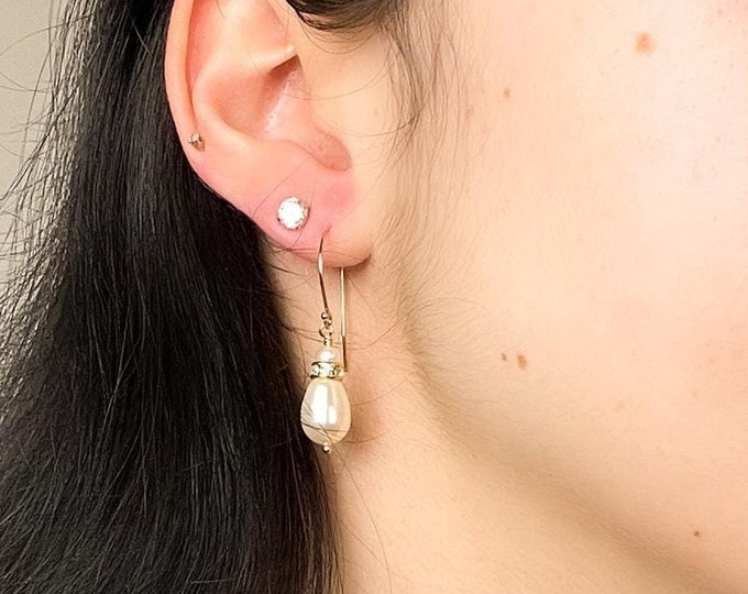 Freshwater Pearl Drop Dangle Earrings Austrian Crystal Gold Silver