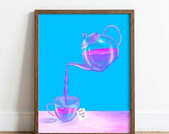 Bitch Magik Tea Poster | Glass Teapot Pouring Pink Drink, Bright Blue Background