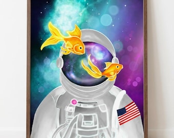 Astronaut Goldfish Space Poster: Matte Wall Art Print