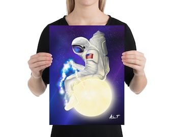 Astronaut on Moon Print | Space Art, Nursery Decor