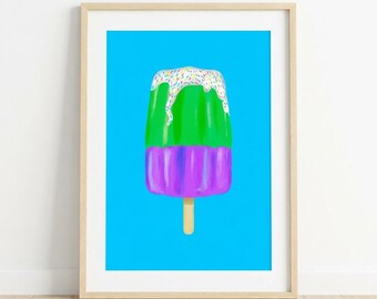 Popsicle Art Print: Green, Purple, Sprinkles, Bright Blue Background, Matte Finish Poster