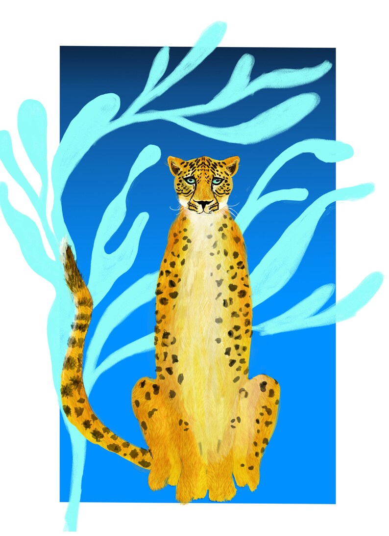 May include: A yellow and black cheetah sits in front of a blue background with light blue stylised leaves.