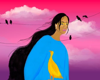 Woman with Bird Art Print, Fashion Illustration (Digital Download)