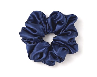 Dark blue satin hair scrunchie