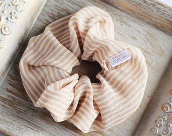 Beige & White Striped Mousseline Scrunchie | Sheer Chiffon Hair Tie | Handmade Neutral Scrunchy