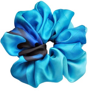Blue Colorful Hair Scrunchie Made Of Sheer Silky Mousseline Fabric - Large Unique Hair Accessories For Women - Perfect For Summer