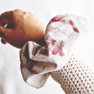 Cotton hair scrunchie with unique and delicate almond blossom floral print.  Women's hair accessories for casual, everyday wear.