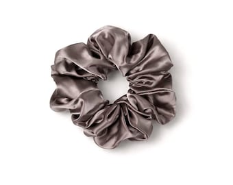 Large taupe satin hair scrunchie with durable elastic band