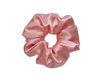 Large pink satin hair scrunchie with durable elastic band