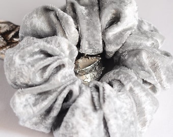 Large shiny grey crushed velvet hair scrunchie