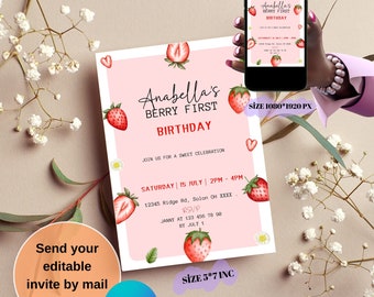 Berry First Birthday Invitation,Modern Strawberry Invitation,Strawberry Birthday, Berry First Birthday Digital Invitation Birthday,Girl