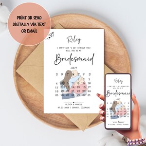 Plantilla de dama de honor de calendario, ¿Serás mi dama de honor?, Boda minimalista moderna, Tarjetas de propuesta de dama de honor, Regalo de dama de honor de agradecimiento Editable