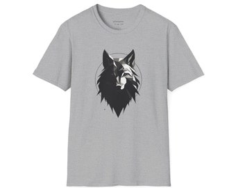 Design de t-shirt loup géométrique noir et blanc, cadeau d'anime de chemise Wolfe psychédélique frappante, t-shirt unisexe anime mignon, impression limitée à fourrure