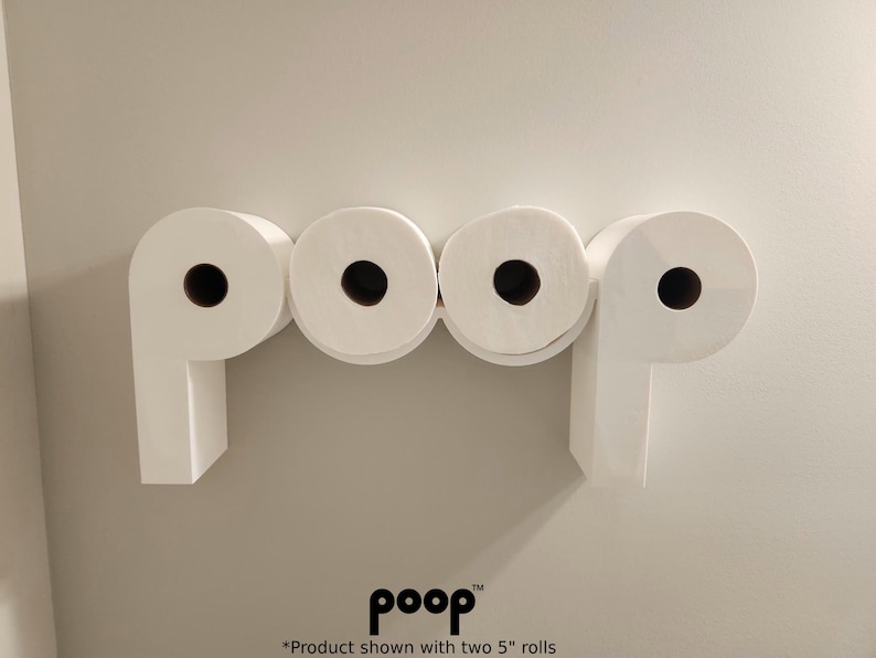 toilet paper holder where toilet paper rolls make the letters