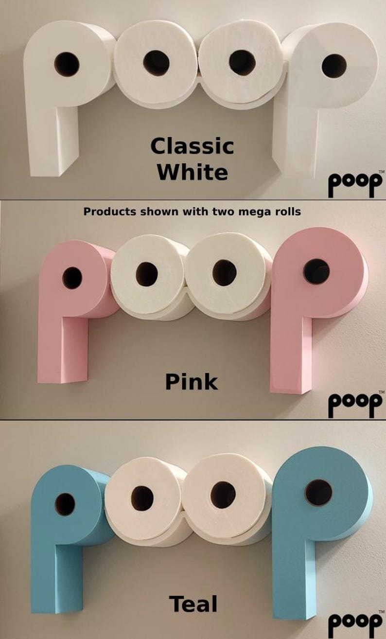 May include: A wall-mounted toilet paper holder in three colors: classic white, pink, and teal. Each holder is shaped like the word "poop" and holds two rolls of toilet paper. The word "poop" is also printed on the bottom right of each holder.