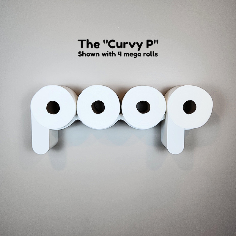 May include: A white toilet paper holder in the shape of the letter "P" holding four rolls of white toilet paper. The text "The "Curvy P" Shown with 4 mega rolls" is above the holder.