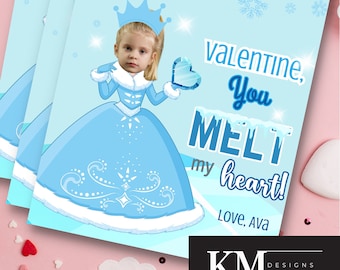 May include: A blue and white Valentine's Day card with a princess holding a heart. The card says "valentine, you melt my heart! Love, Ava".