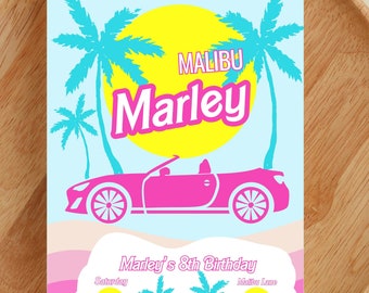 Malibu Invitation, Pink Doll Themed Birthday, Tropical Flowers Summer Birthday Party Invite, Digital Download, Dolly