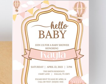 Hot Air Balloon Baby Shower Invitation, Hot Air Balloon Invite, Up Up and Away, Adventure Awaits, Travel, Pink Hot Air Balloon, baby girl