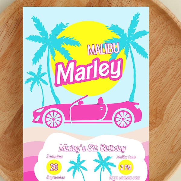 Malibu Invitation, Pink Doll Themed Birthday, Tropical Flowers Summer Birthday Party Invite, Digital Download, Dolly