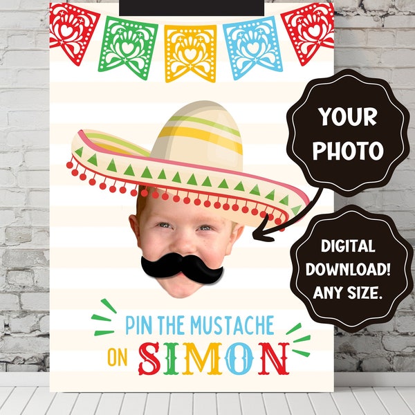 Jeu d'épingles la moustache, Fiesta 1er anniversaire, fête d'anniversaire mexicaine, affiche fond blanc, article personnalisé numérique