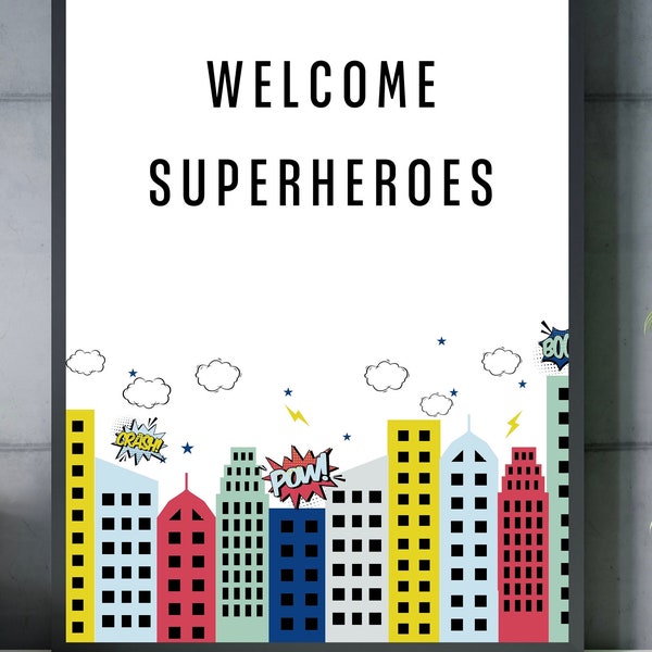 Superhero Birthday Welcome Sign, Modern Superhero Birthday, Superhero Decorations, INSTANT DOWNLOAD, Superhero Party Decorations