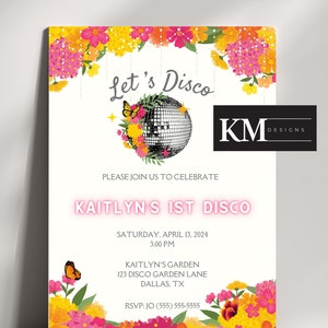 Disco Garden Party Invitation, 1st Birthday Party Invite, Teen Floral Disco Theme Birthday, Tween Disco Garden Aesthetic Invitation, Bold