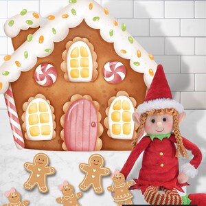 Pepparkakshus och kakrekvisita i älvstorlek - Roliga älvtillbehör - Söta julälvidéer - Direkt nedladdning, utskrivbara älvbilder