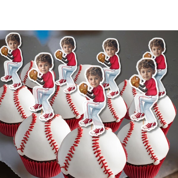 Joueur de baseball pour cupcakes Visage de baseball pour cupcakes pour photo de baseball Décoration d'anniversaire pour baseball Baseball Décoration de fête pour sport