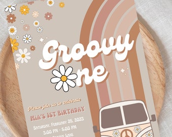Groovy One zaproszenie na pierwsze urodziny, Retro zaproszenie na pierwsze urodziny, hipisowskie zaproszenie na pierwsze urodziny, Groovy One zaproszenie do pobrania cyfrowego