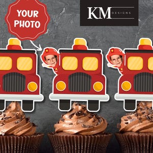 Fire Truck Photo Cupcake Topper, Custom Picture Firefighter Cake Toppers, Firetruck Birthday Party Decor, Face Photo Fireman Cake  Topper