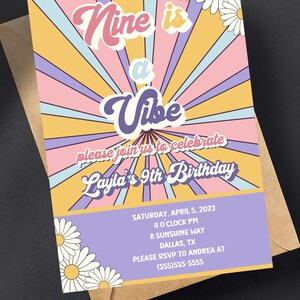 Nine is a vibe Invitation, Groovy Retro Invitation, Retro Hippie Invite, Printable Retro Invitation, digital download