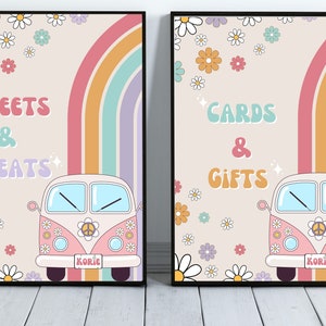 Groovy Birthday Party Decor, 70’s Daisy Cards and Gifts Sign, Decor Groovy Rainbow Hippie Birthday Decoration Printable, sweets and treats