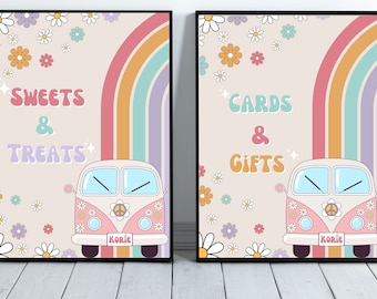 Groovy Birthday Party Decor, 70’s Daisy Cards and Gifts Sign, Decor Groovy Rainbow Hippie Birthday Decoration Printable, sweets and treats