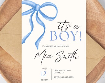 Blue Bow Baby Shower Invitation, Baby Shower Baby Blue Watercolor Ribbon Minimalist 1st Birthday, Printable Invitation