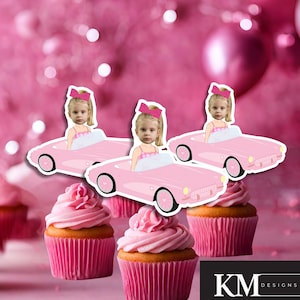 Topper per cupcake di compleanno con foto del viso di bambola di moda rosa Topper per cupcake con viso di bambola personalizzato, festa con glitter rosa, download digitale, convertibile