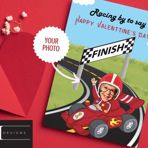 Raceautofoto Valentijnsdag, aangepaste foto Valentijnsdag voor kinderen, afdrukbare Valentijnsdagkaarten voor kinderen, schoolvalentijnskaarten