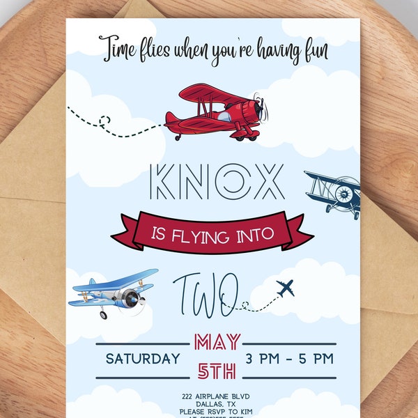 Airplane Birthday Invitation, Flying Into 2, ANY Age, How Time Flies Birthday Invite, Boy Birthday Theme, Digital Download,Airplane Birthday