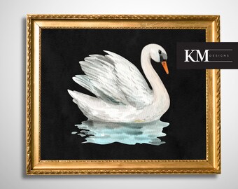 Black Lake Swan | Swan Print | Moody Wall Art | Vintage Kitchen Prints | Vintage Kitchen Painting | Vintage Swan Painting |