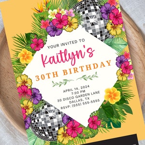 tropical disco birthday invitation, bridal shower invitation island disco ball  wedding invite brides disco garden , groovy party, any age