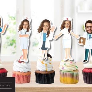 Personalized Nursing School Graduate /Retirement Cupcake Toppers. Graduation Nurse Face Picks, Doctor cake topper, APRN, PA, digital