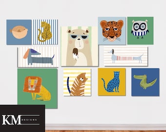 Imprimés pour chambre d'enfants | Ensemble d'oeuvres d'art murales | Art mural pour chambre d'enfant | Décoration de salle de jeux | oeuvre d'art pour chambre d'enfant | Art original Art éclectique | Animaux fantaisistes | Scandinavie