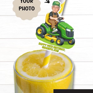 Lawn Mower Face Straws, Custom Photo Face Straws, Green and Yellow Lawn Mower Birthday, Printable Straw Toppers, Funny Face Straws, Tractor